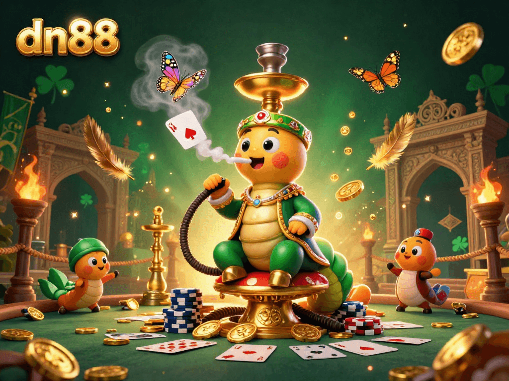 dn88 poker-themed 3D illustration featuring a hookah-master caterpillar amidst golden coins