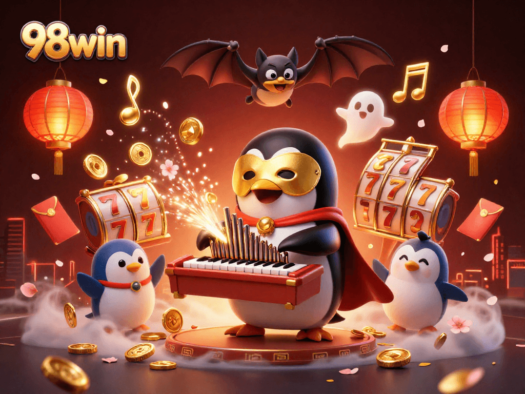 Engage with 98win's thrilling casino experience featuring a charming phantom penguin and vibrant slot elements.
