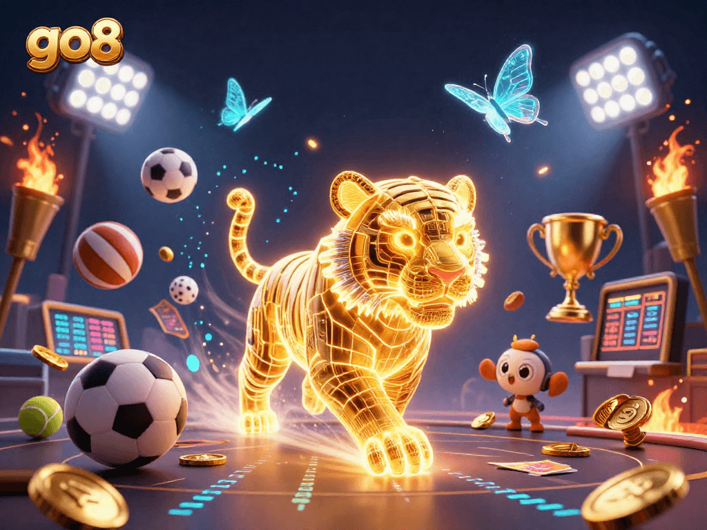 Experience the vibrant go8 casino world with a neon tiger and dynamic sports action!