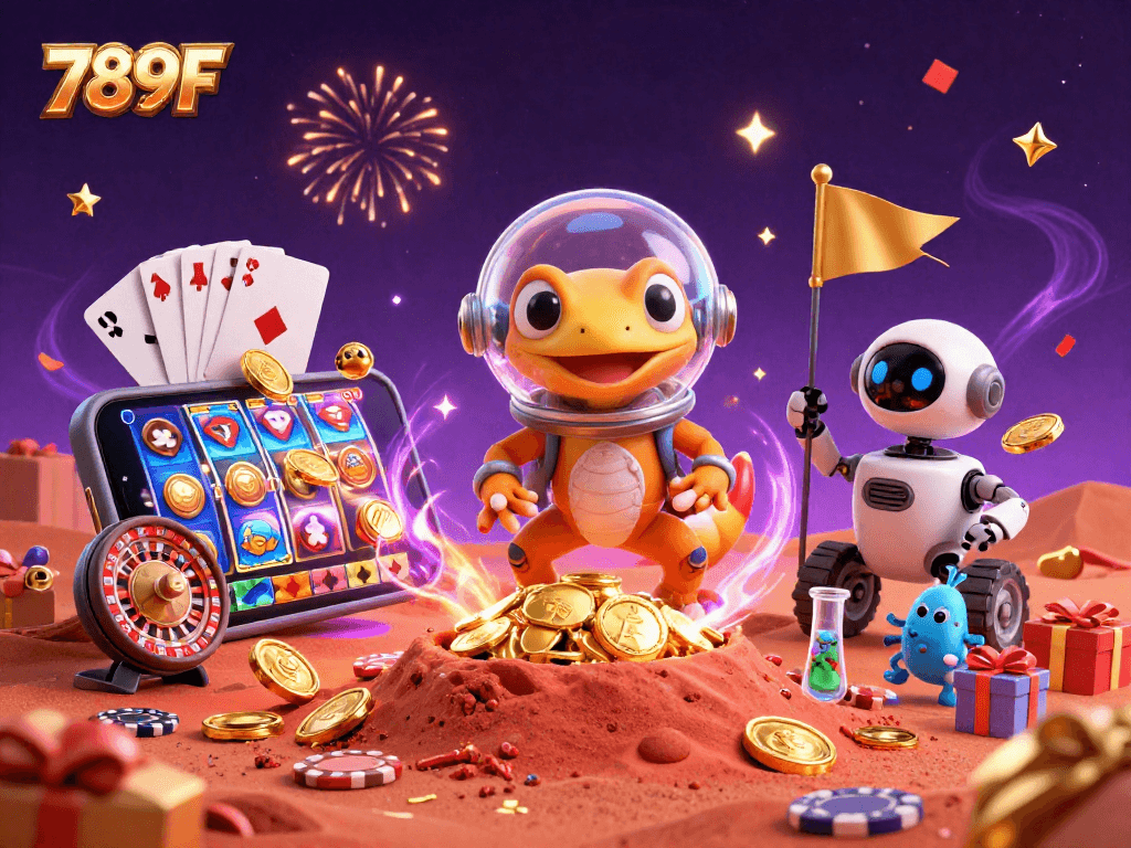 Experience thrilling gaming adventures with 789F at a golden casino on Mars, featuring vibrant slots and action.