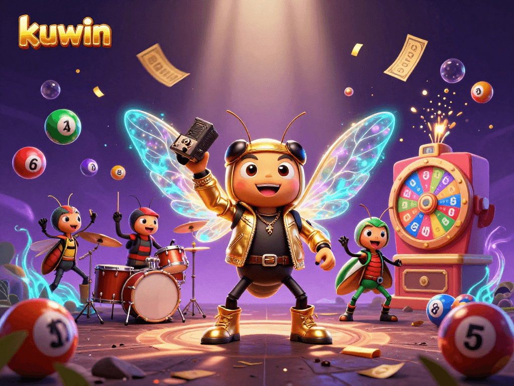 Win big with kuwin in this vibrant 3D casino scene featuring dynamic lottery elements.