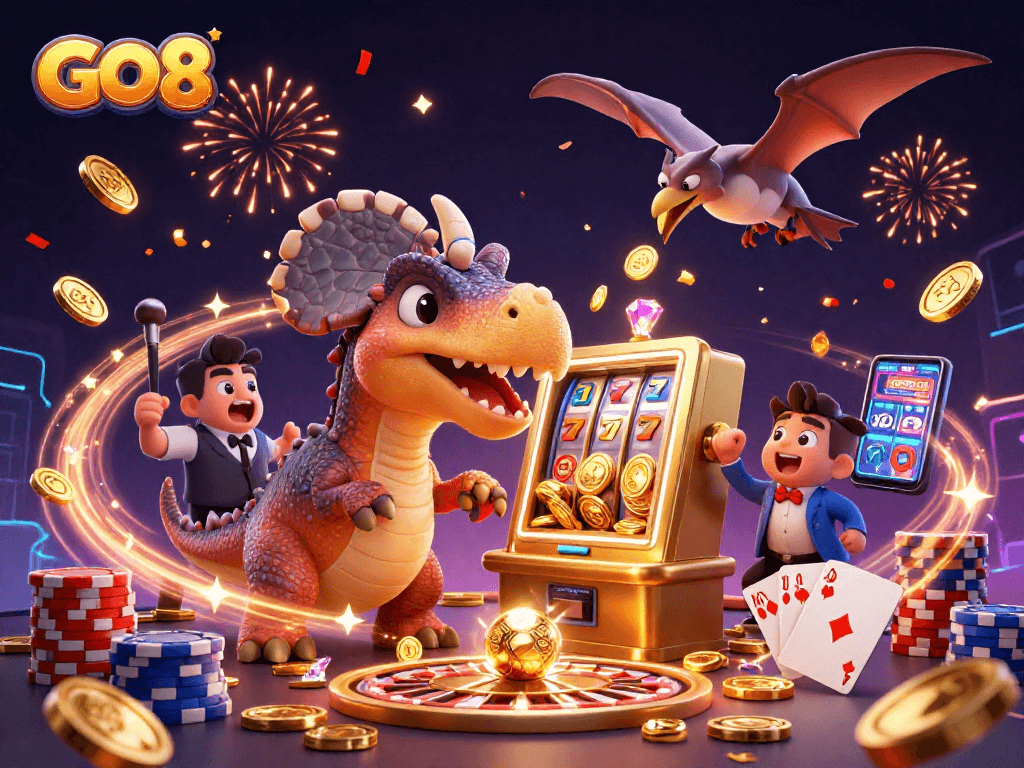 Experience the thrill at GO8 as animated dinosaurs engage in lively slot action with cascading coins!