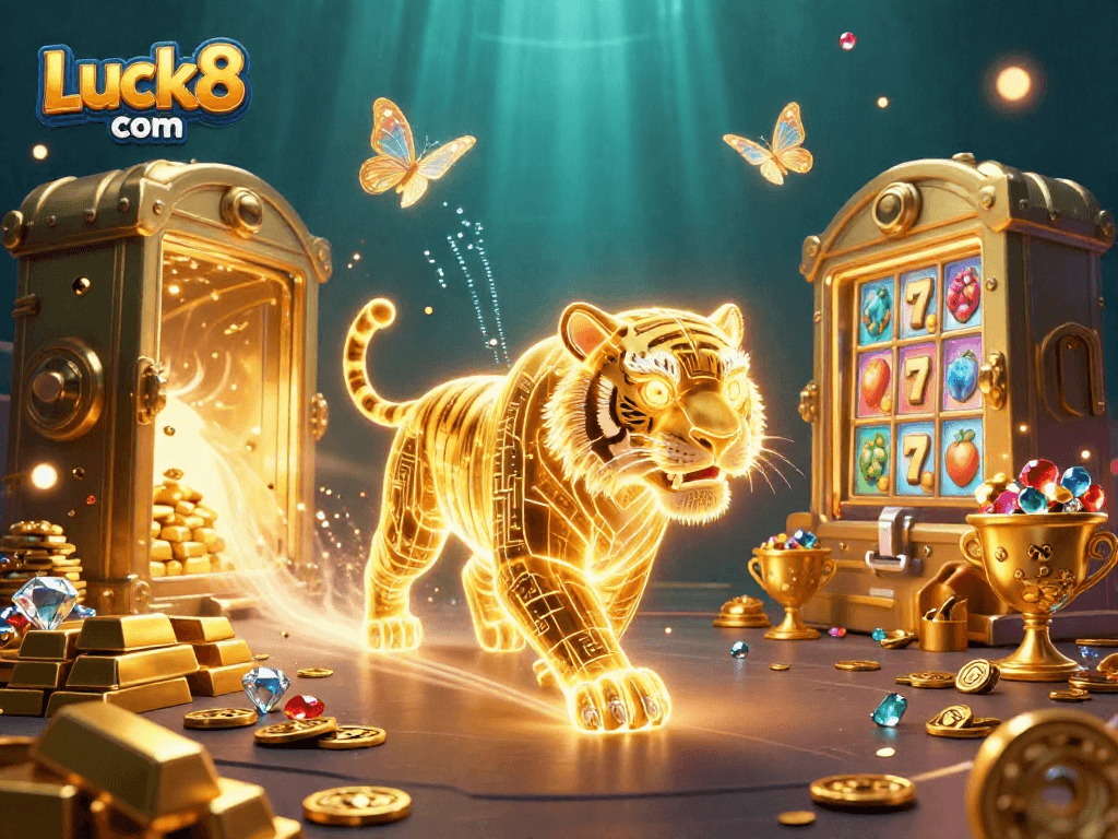 Experience thrills at Luck8 com with an ultra-detailed digital casino scene filled with vibrant treasures.