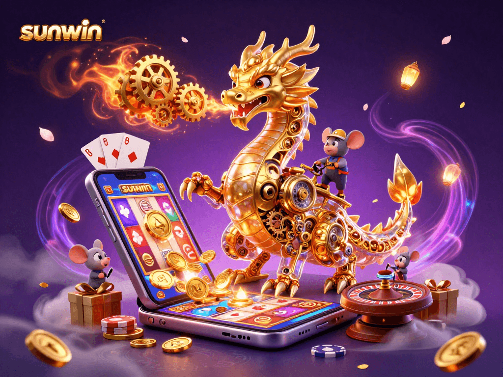 Experience sunwin's engaging gaming vibe with a golden dragon, slot games, and immersive casino elements.