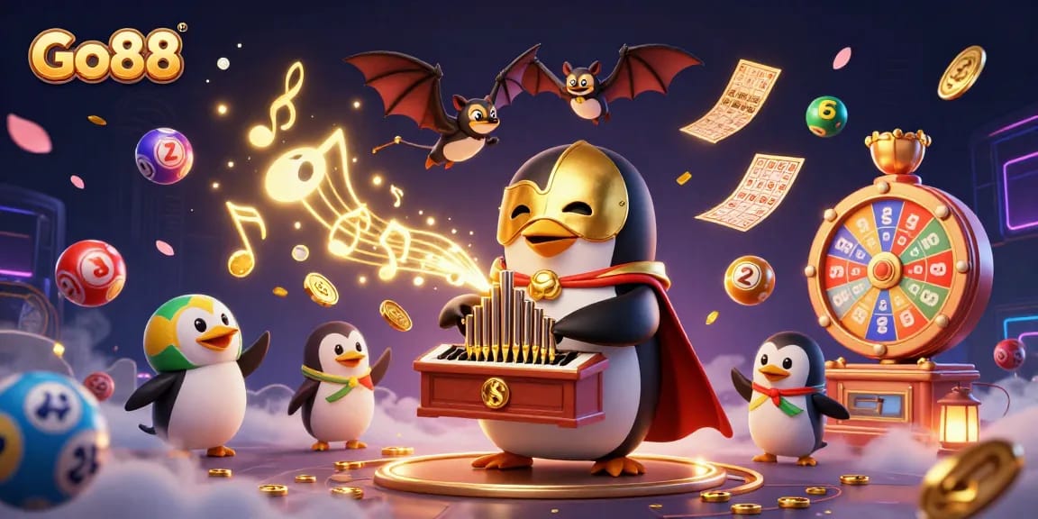 Experience the excitement of Go88 with a magical casino scene featuring a penguin organist and dynamic gaming elements.