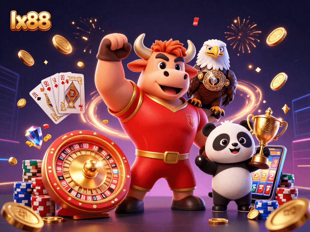 Win big with lx88 at the casino featuring playful characters and vibrant gaming elements.
