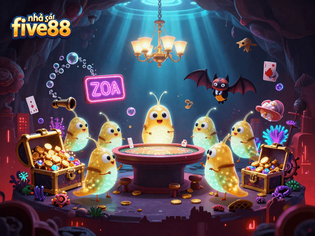 Experience the vibrant atmosphere at nhà cái five88 with glowworms lighting up a cave casino.