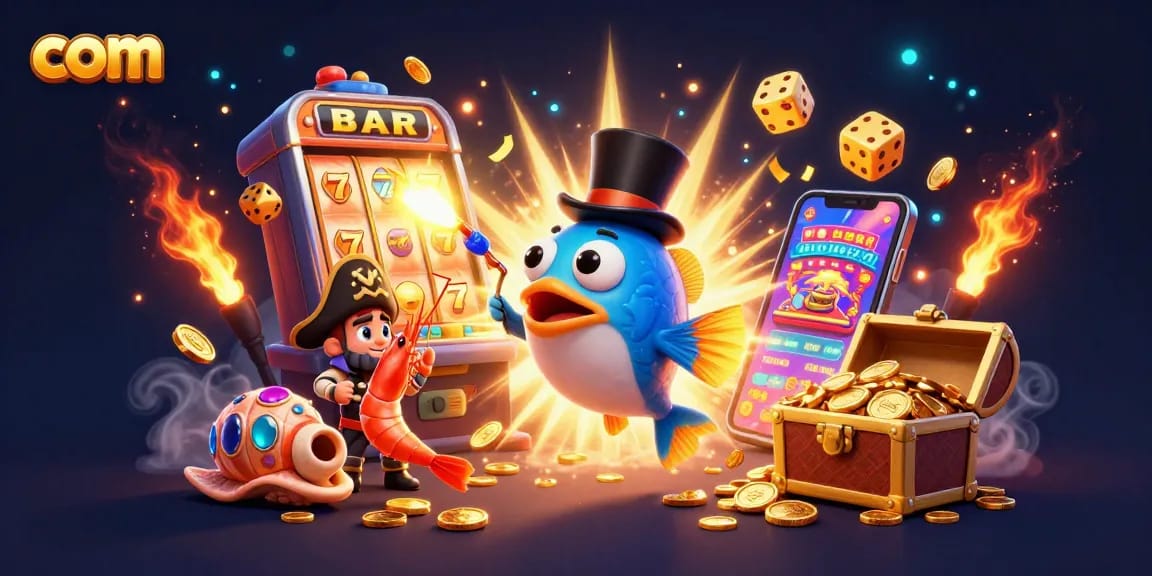 Experience thrilling wins at com with cartoon characters, glowing coins, and vibrant casino elements.
