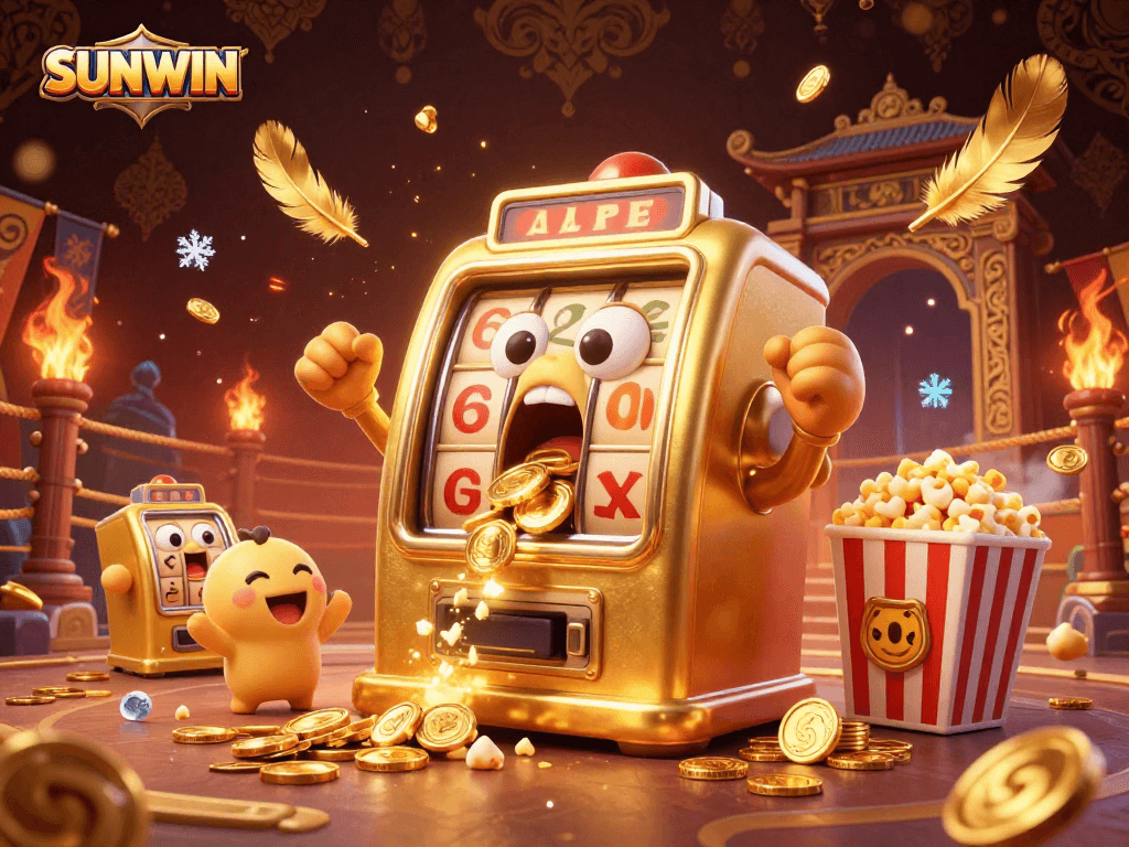 SUNWIN slots come alive as a cartoon golden machine hits a jackpot amidst cheering, gold coins, and animated elements.