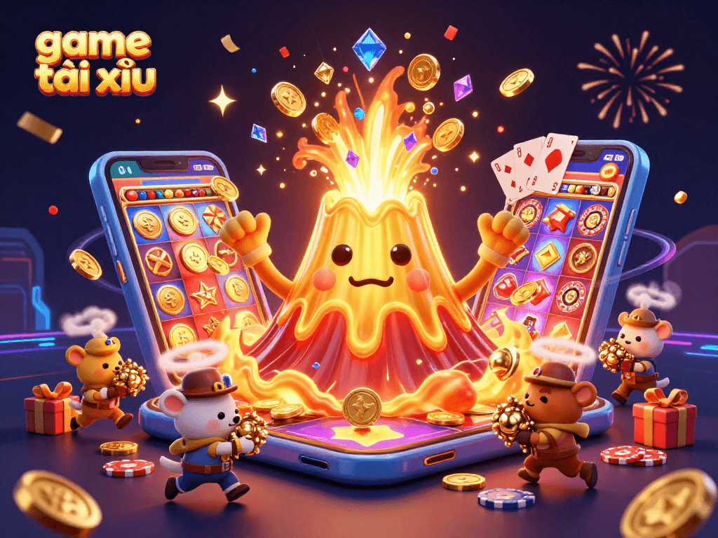 Experience game tài xỉu action with vibrant treasures overflowing from a golden volcano and interactive casino elements.