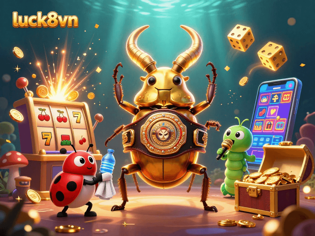 Experience the thrill of luck8vn with a giant beetle champion in a vibrant casino scene!