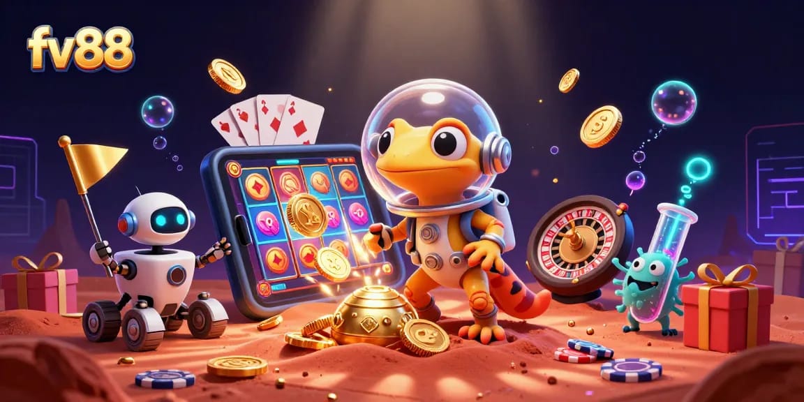 Spin the reels with fv88's exciting casino elements, showcasing vibrant games and dynamic characters.