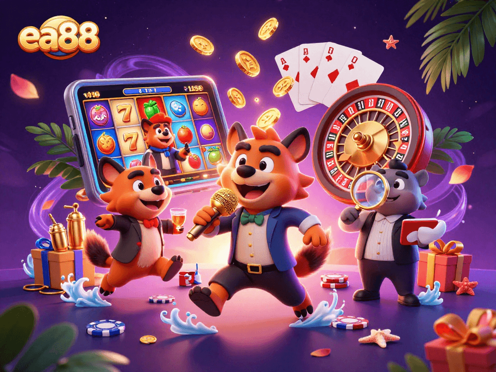 ea88 delivers a unique casino experience with vibrant hyenas entertaining in a comedy club.