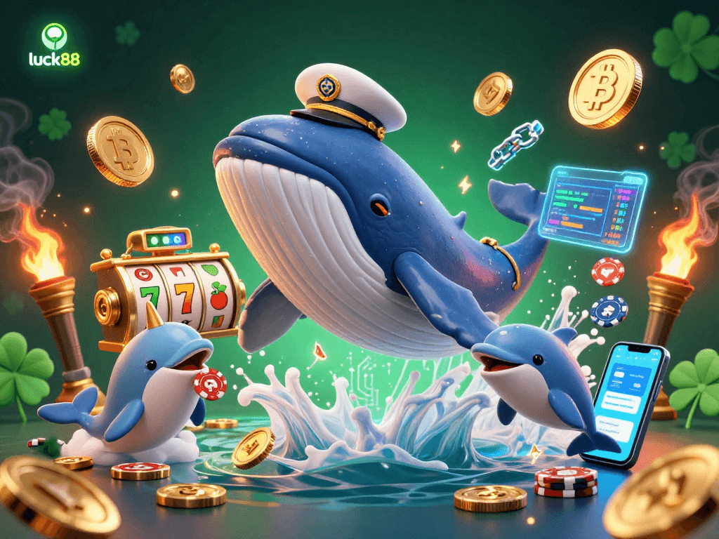 Experience exciting gameplay with luck88 as whales and dolphins interact amid a jackpot of coins and poker chips.