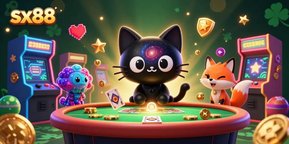Experience the thrill of sx88 with a cosmic casino scene, featuring a captivating black hole cat and nebula fox.