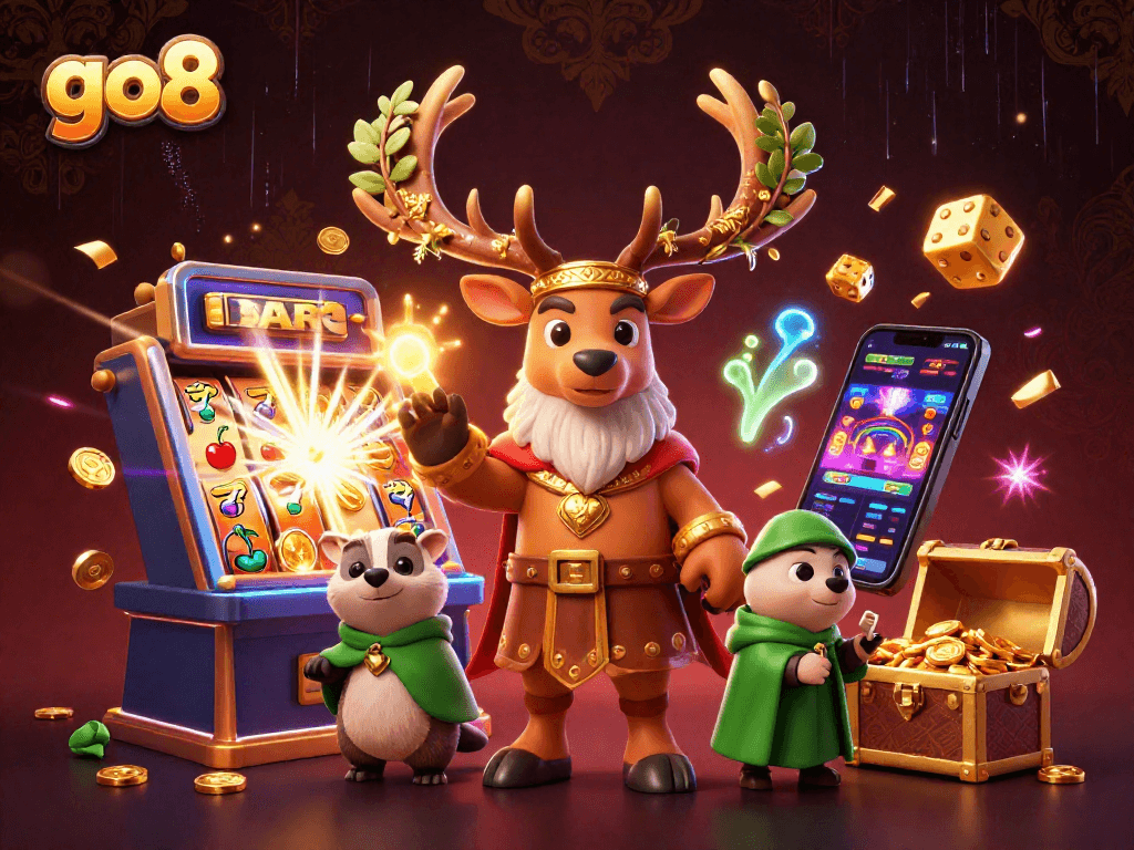 Experience exciting wins at go8 with a vibrant 3D casino scene celebrating jackpots and gaming thrills.