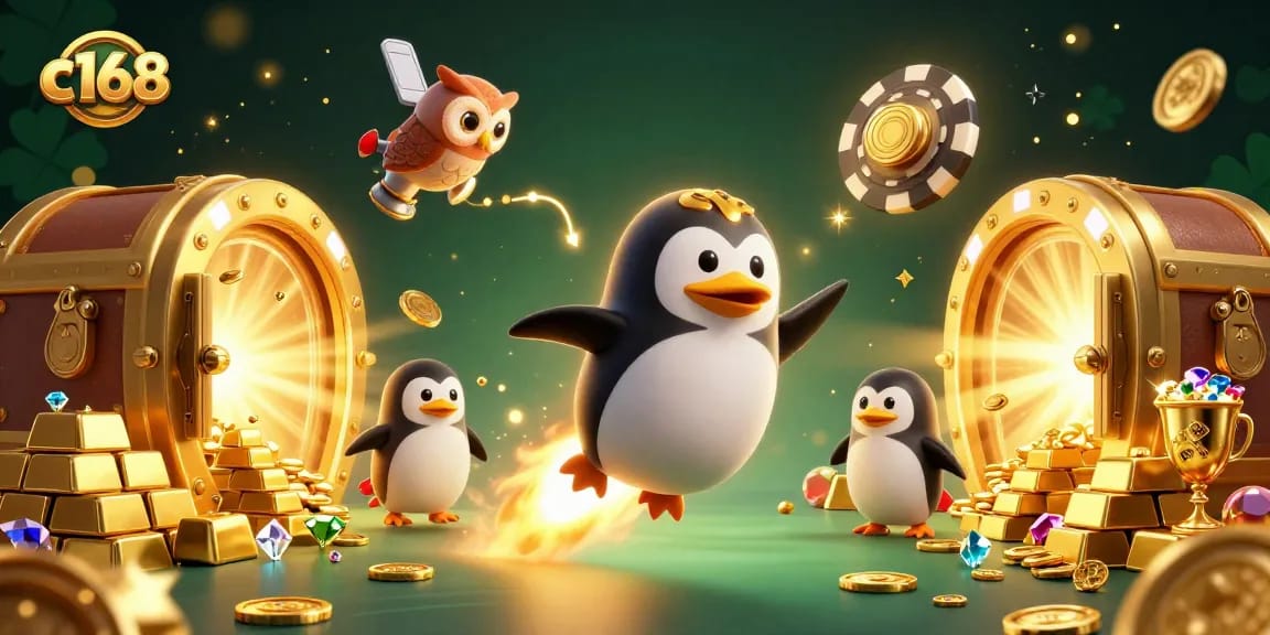 Experience the excitement of c168 as the golden penguin navigates a vibrant casino universe.