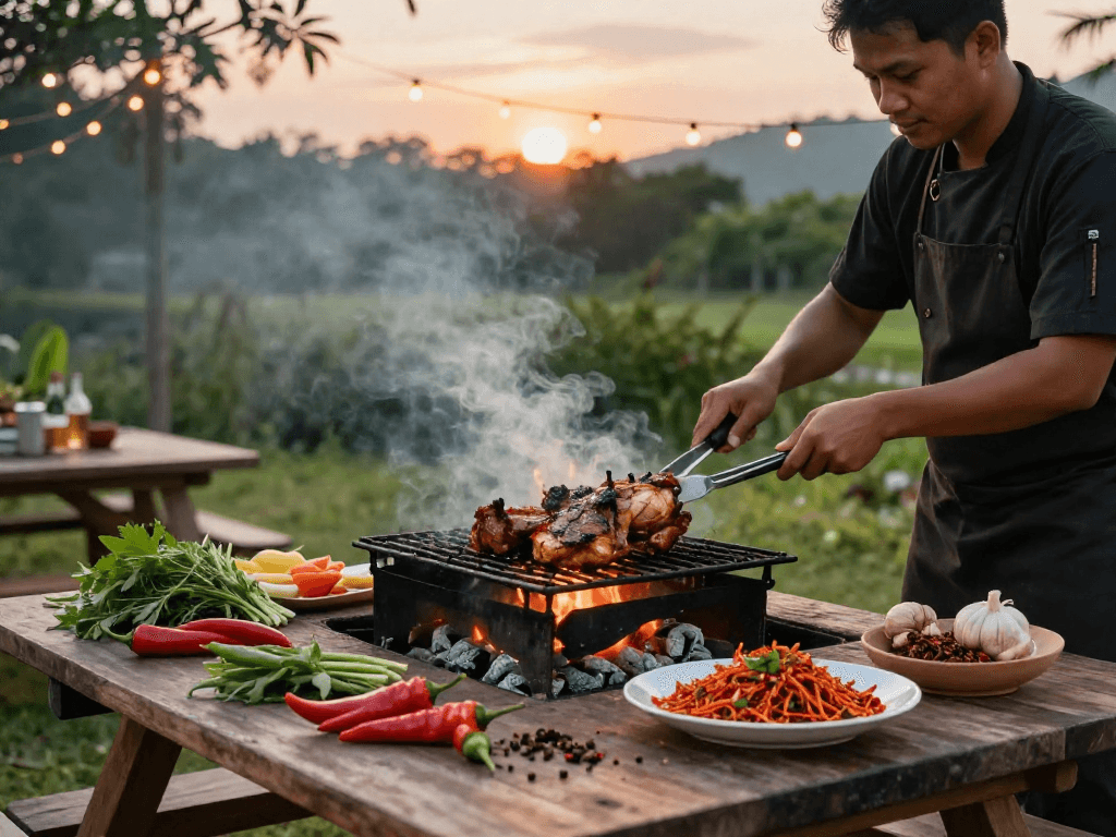 Delicious ayam bakar grilling with sambal rawit at sunset, https://sambalrawitankoko.com flavors bursting from fresh spices and vibrant chilies.