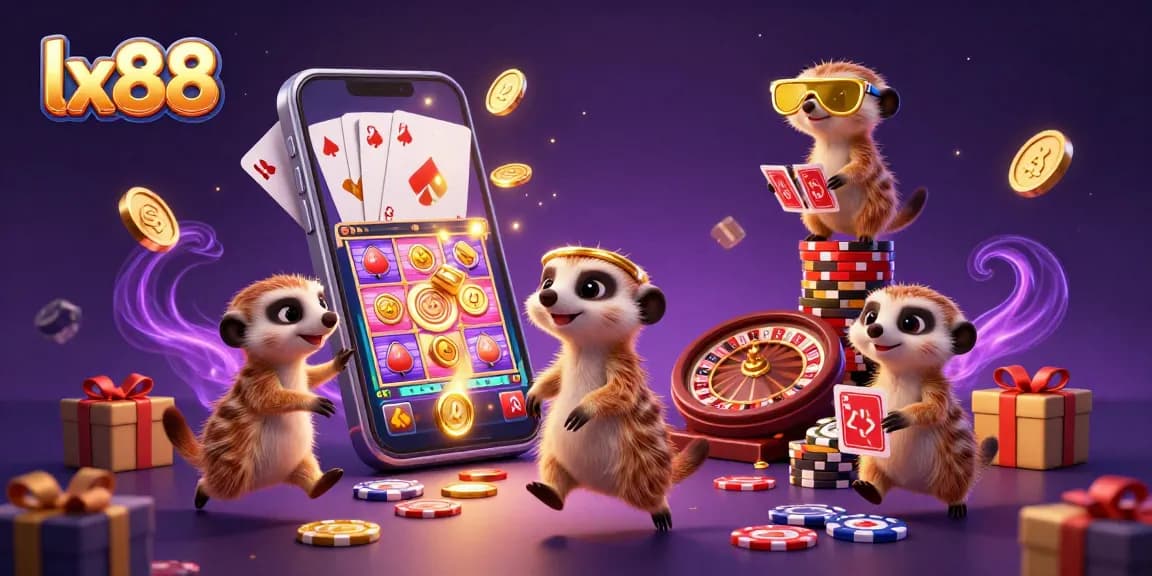 Experience the excitement of lx88 with a vibrant casino scene featuring playful meerkats and dynamic gaming elements.