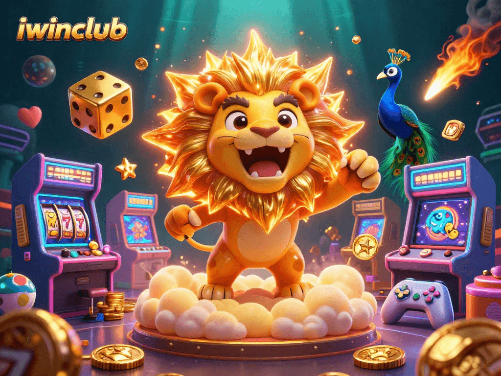 Experience the excitement of iwinclub with colorful gaming elements and a triumphant sun lion.