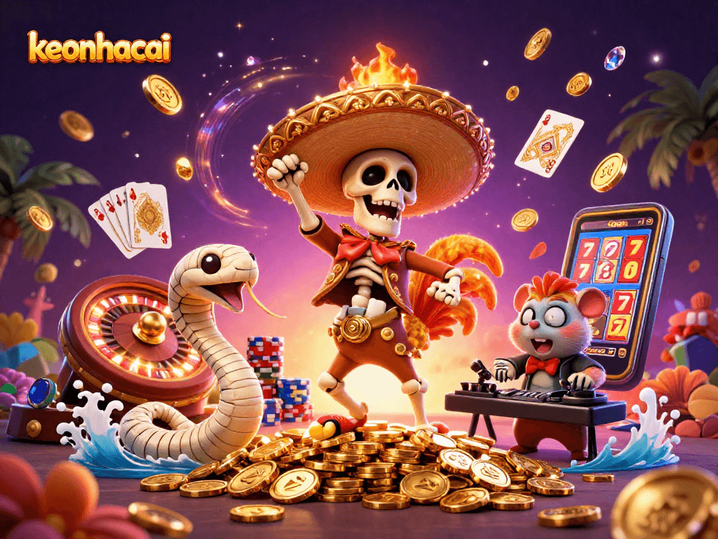 keonhacai showcases a vibrant scene with a cartoon mariachi rooster and casino elements.