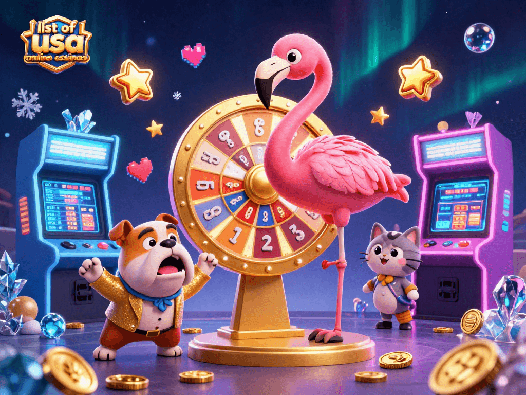 Excited characters celebrating and showcasing the list of USA online casinos with engaging visuals.
