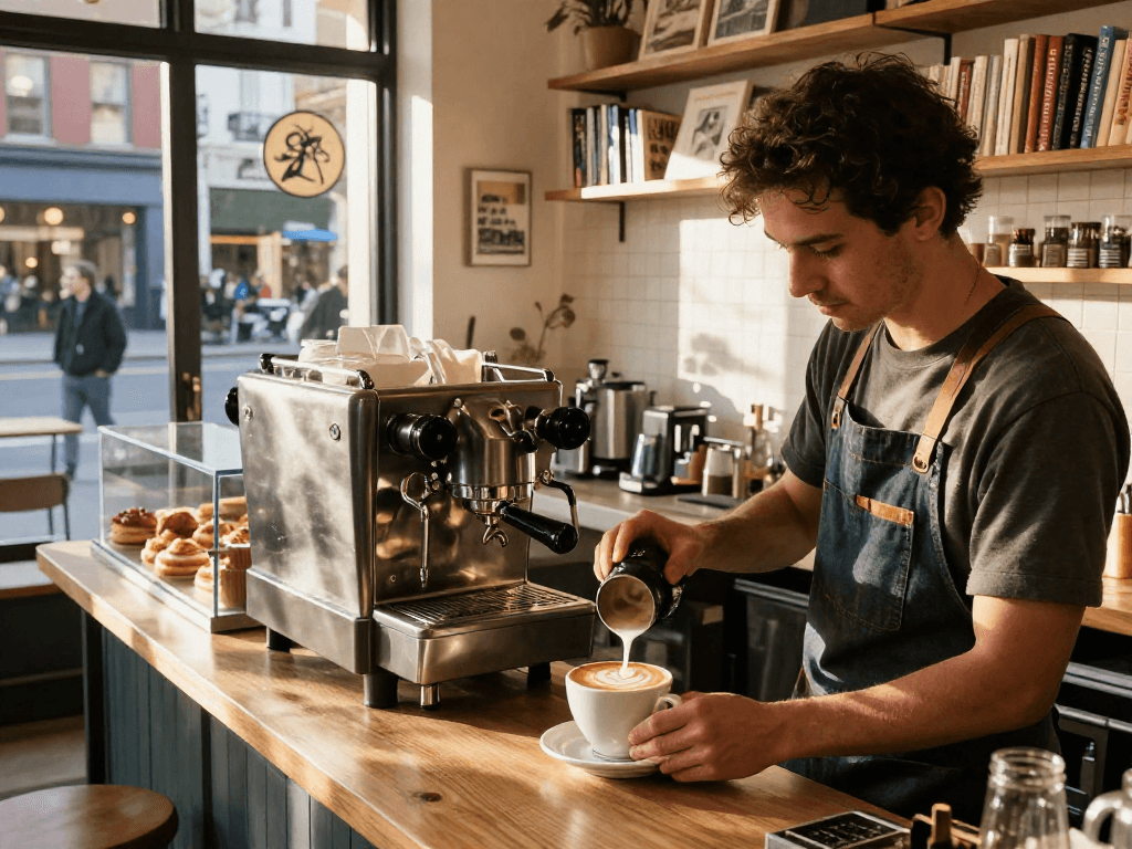 NSFW coffee art preparation in trendy café with inviting atmosphere and city view