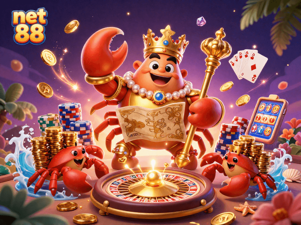 Experience the thrill of net 88 gaming with a lavish 3D illustration featuring a golden crab emperor.