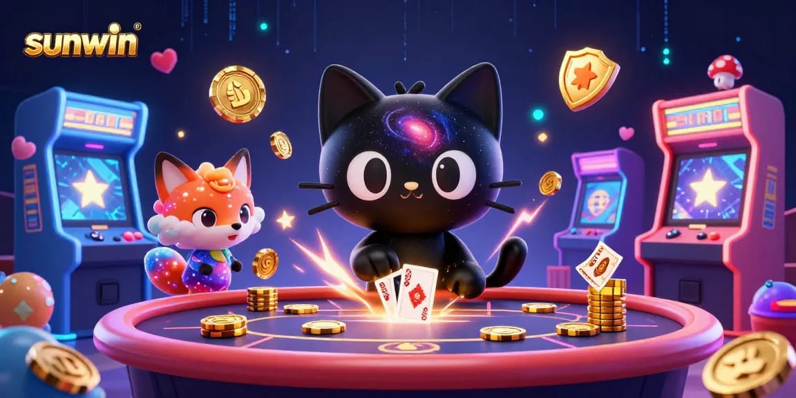Spin and win at Sunwin, featuring a cosmic cat and colorful game elements in a vibrant casino.
