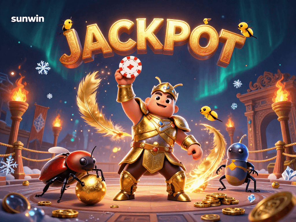 Win big with Sunwin as a herculean beetle lifts a poker chip in a vibrant casino setting.