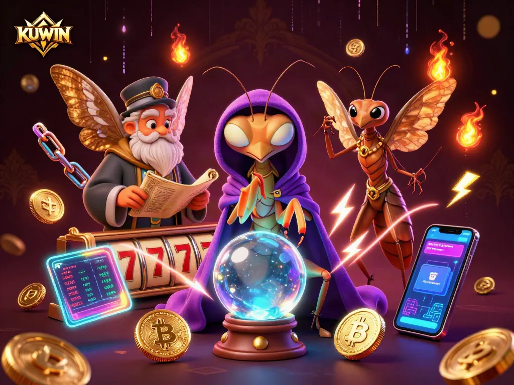 Experience thrilling bets at KUWIN, featuring vibrant slot reels and mystical characters illuminating the casino scene.