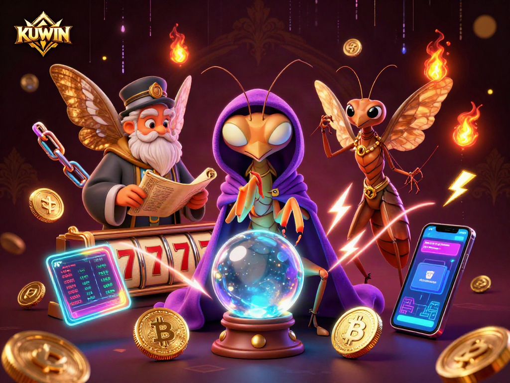Experience thrilling bets at KUWIN, featuring vibrant slot reels and mystical characters illuminating the casino scene.