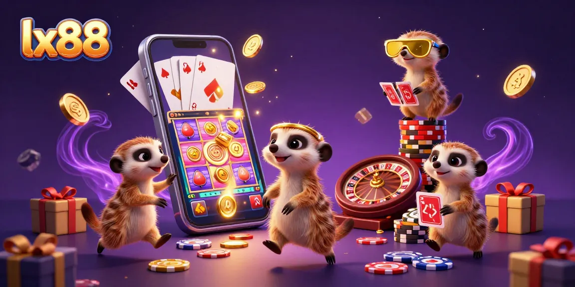 Experience the excitement of lx88 with a vibrant casino scene featuring playful meerkats and dynamic gaming elements.