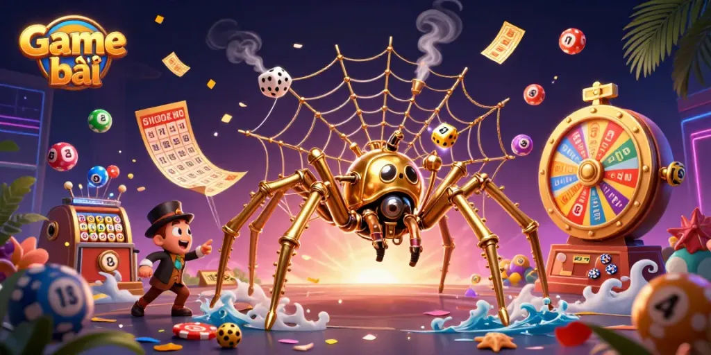 Engage with Game bài as colorful lottery balls bounce around a golden spider in an exciting casino scene.