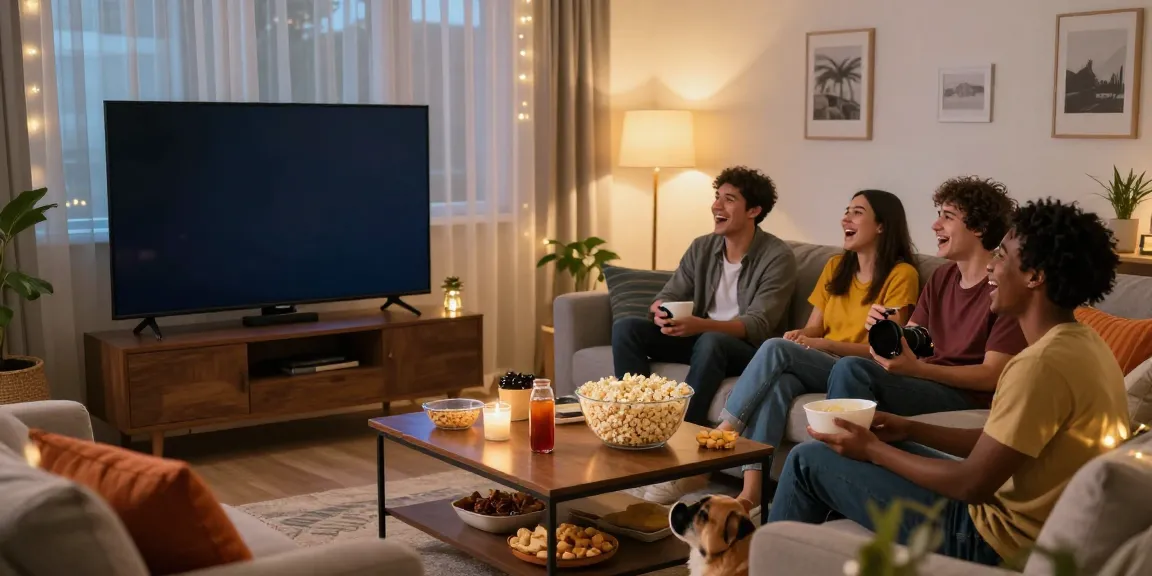Friends enjoying an idlix movie night in a cozy living room.