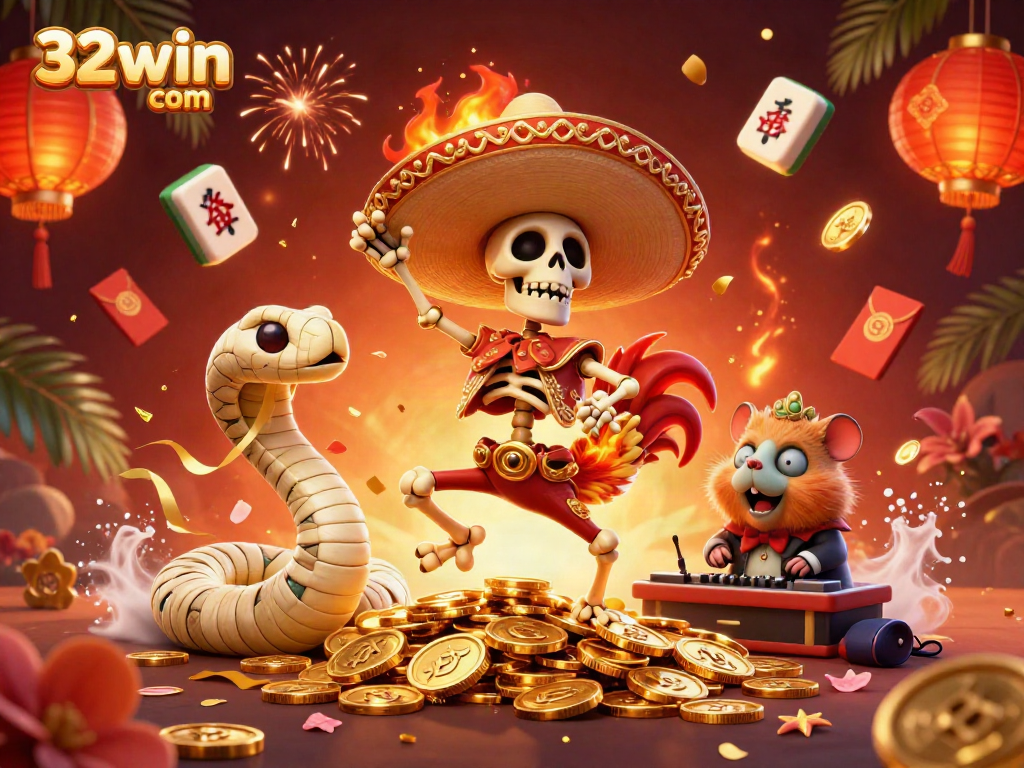 Experience the excitement of 32win com with a vibrant illustration of a celebrating mariachi rooster surrounded by casino elements.