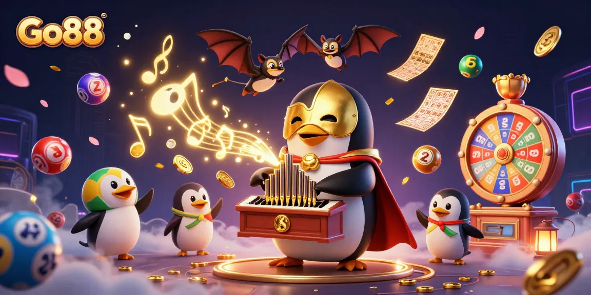 Experience the excitement of Go88 with a magical casino scene featuring a penguin organist and dynamic gaming elements.
