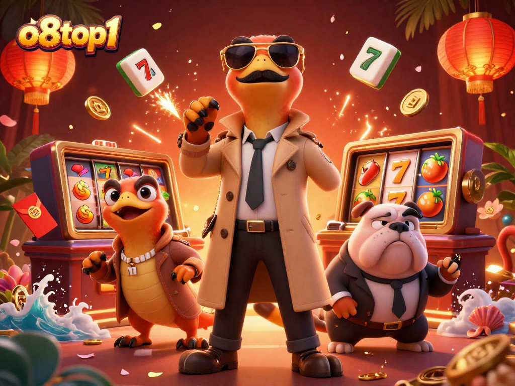 Experience the thrill of o8top1 with raptors and a bulldog in a lively casino scene.