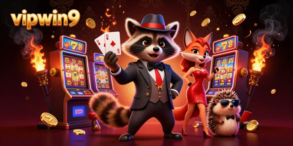Experience excitement with vipwin9's dynamic casino scene featuring characters and spinning slot machines.