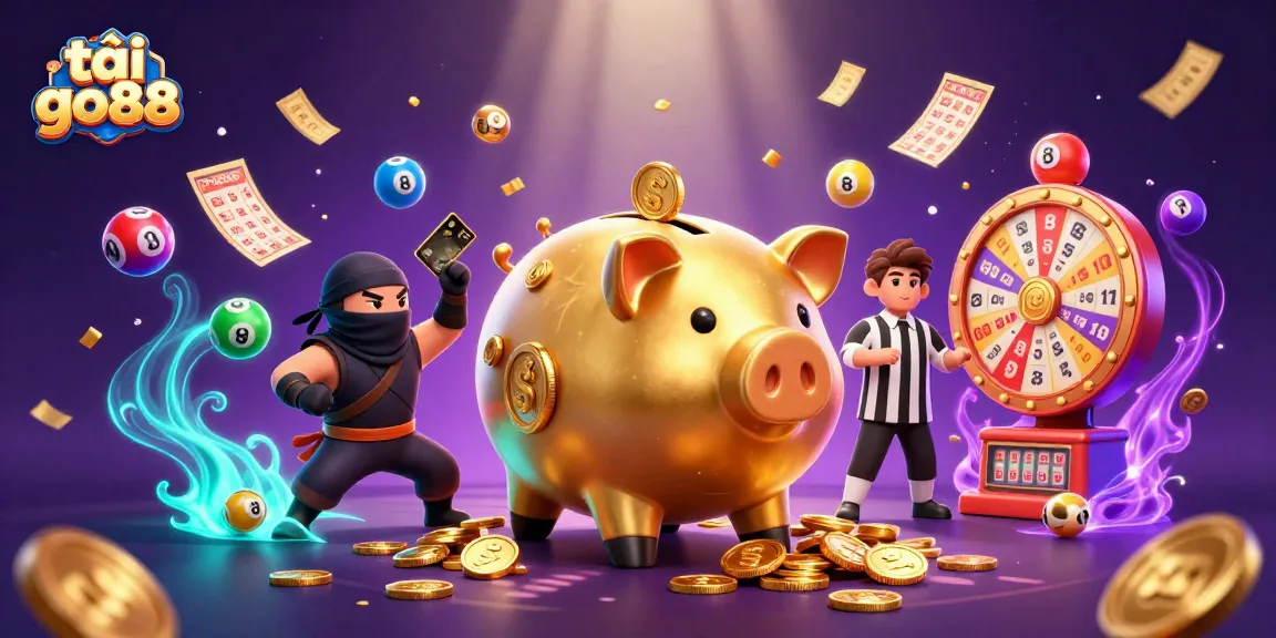 Engage in the excitement with tải go88's vibrant 3D animated casino illustration featuring a comedic golden piggy bank sumo wrestler.