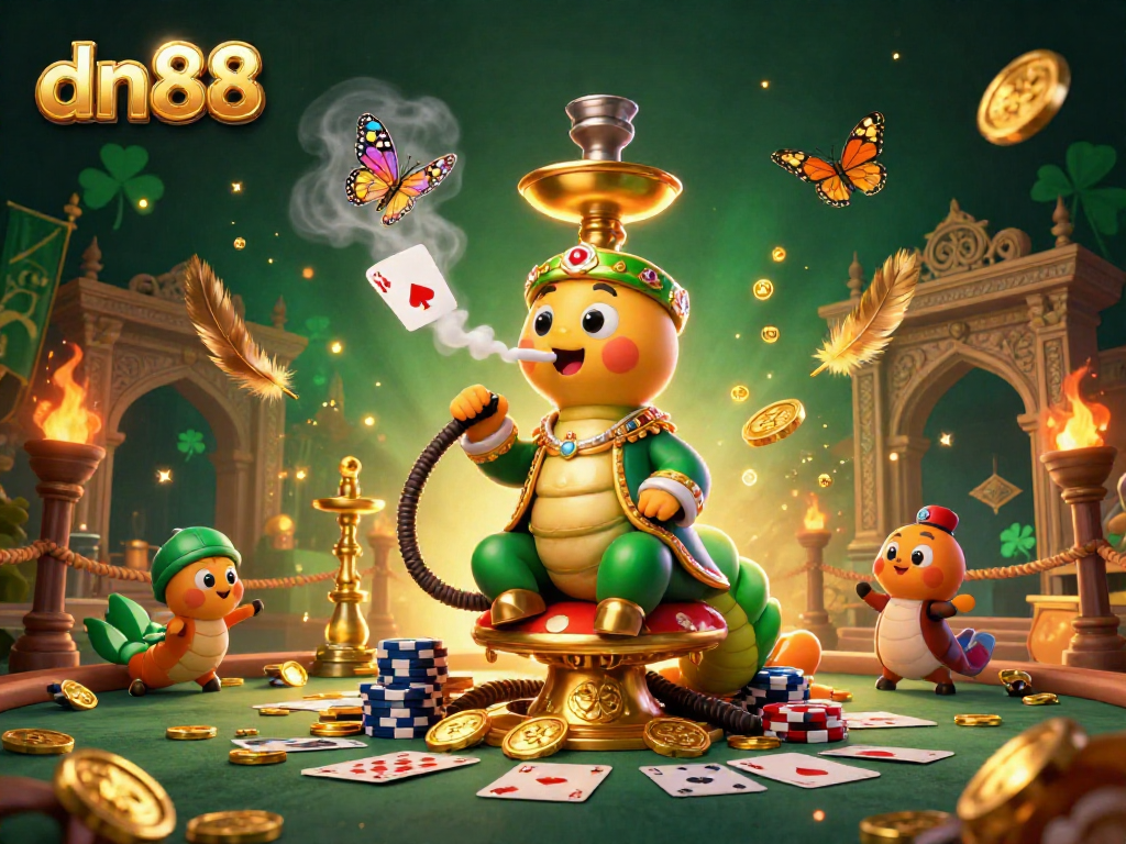 dn88 poker-themed 3D illustration featuring a hookah-master caterpillar amidst golden coins