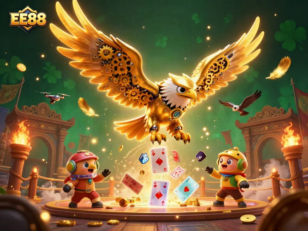 Experience the thrill of EE88 as a golden eagle navigates a vibrant casino scene filled with action.