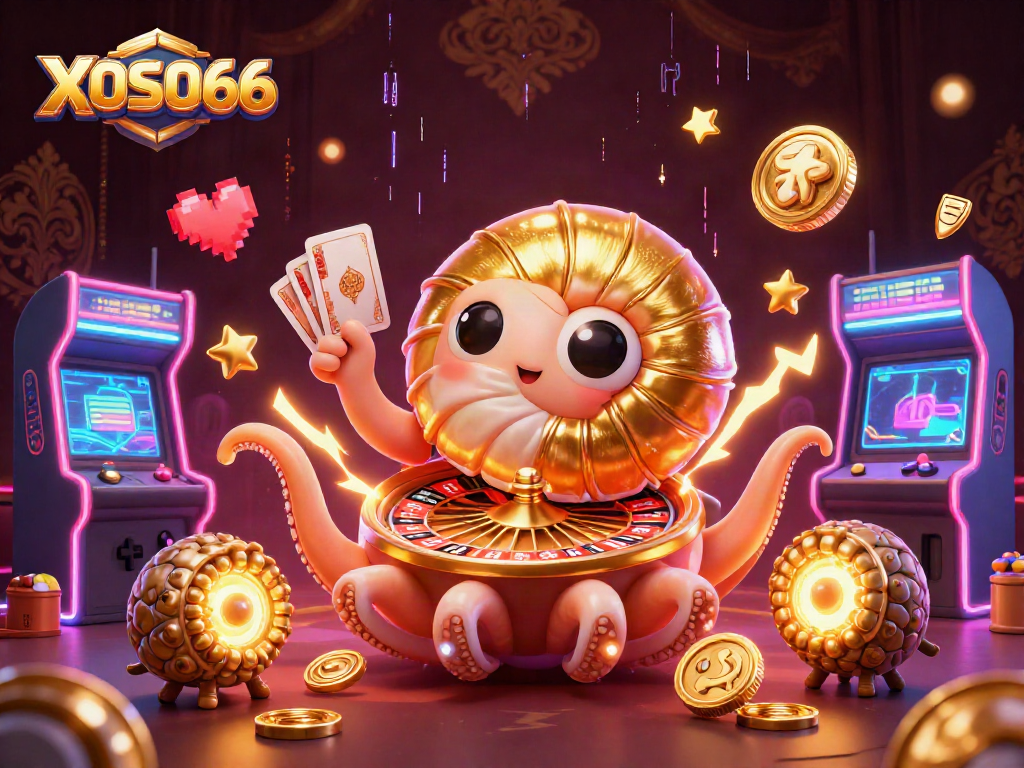 Engage with XOSO66's thrilling casino atmosphere depicted in a vibrant 3D digital illustration.