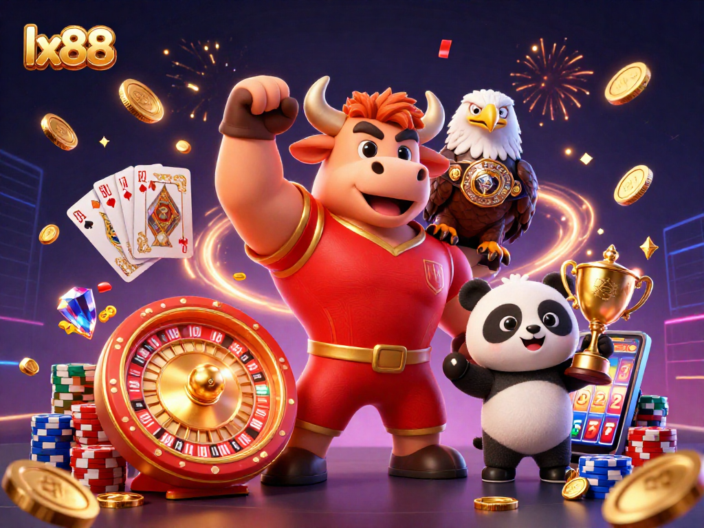 Win big with lx88 at the casino featuring playful characters and vibrant gaming elements.