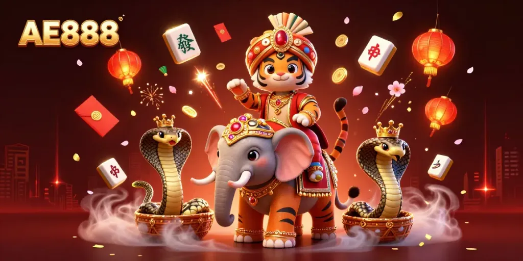 Experience the vibrant gambling world of AE888 with a dynamic 3D illustration of majestic characters and festive elements.