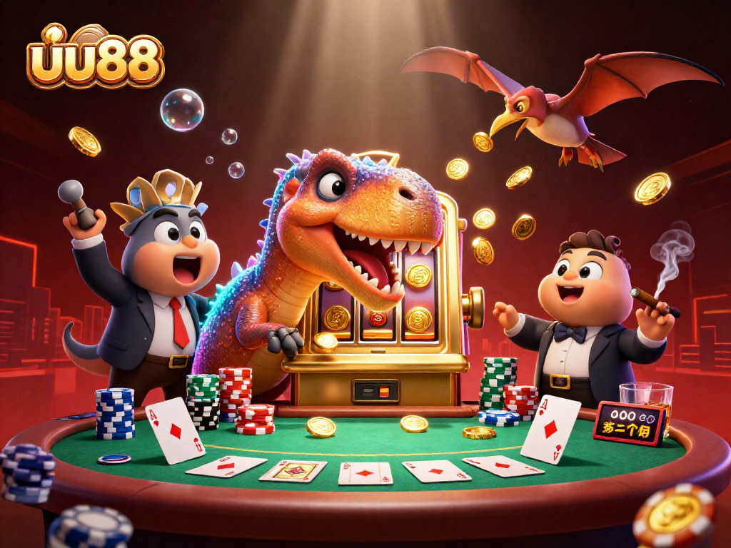 uu88 captures the excitement of gambling with cartoon dinosaurs headbutting a slot machine and catching coins.