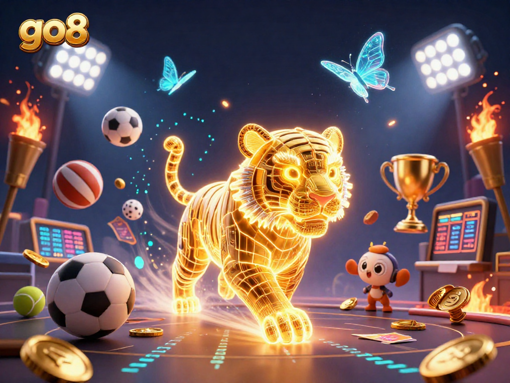 Experience the vibrant go8 casino world with a neon tiger and dynamic sports action!