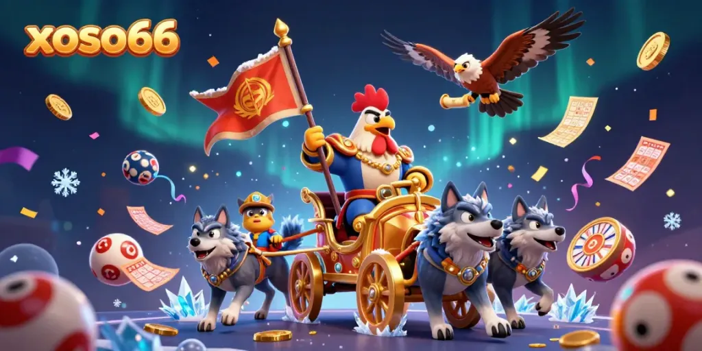 Xoso66 lottery scene with a 3D rooster warlord leading, filled with dynamic lottery elements.