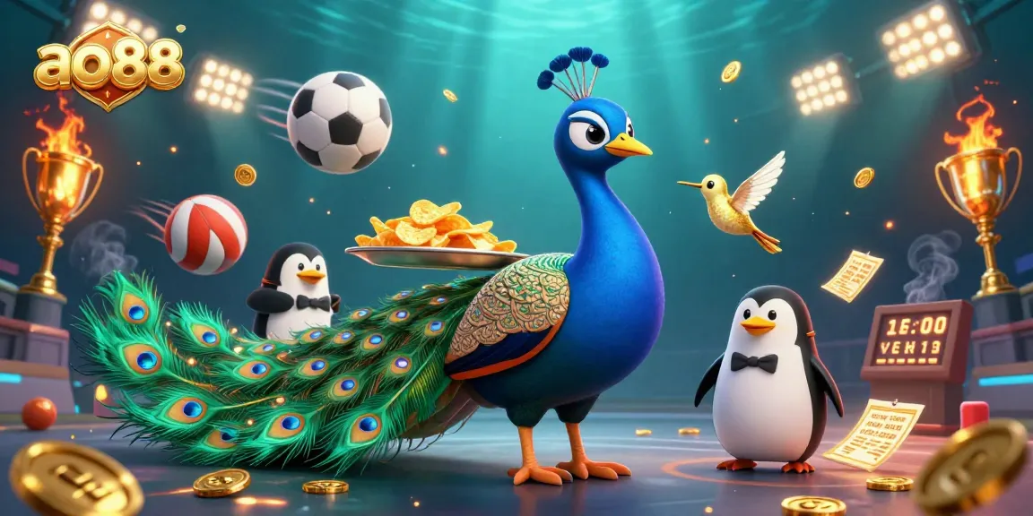Experience the vibrant world of ao88 with a peacock, penguin, and hummingbird, surrounded by dynamic betting elements.