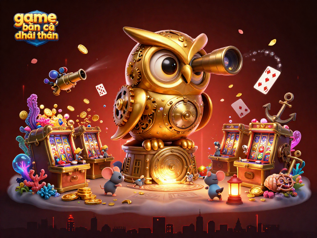 Engage in game bắn cá đổi thưởng with golden owl overseeing thrilling underwater treasures and vibrant casino elements.
